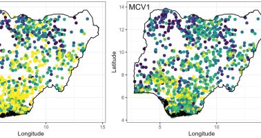 Maps showing cluster level estimates of proportions of children aged 12-23 months and 9-35 months who had received DTP1 and MCV1, respectively, obtained using the 2018 Nigeria Demographic and Health Survey.