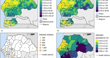 Maps showing predicted malaria prevalence in children under five and number of infected children in regions of very low to moderate transmission in Senegal (excluding Dakar for visibility purposes).