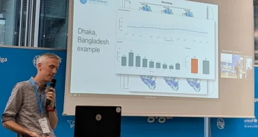 Photo of Andy Tatem presenting at the UNICEF Ahead of the Storm conference October, 2026