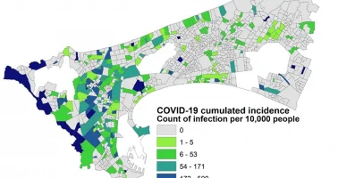 Map showing aggregated incidence of COVID-19 confirmed infection from community transmission from June 2020 to June 2021, Dakar, Senegal