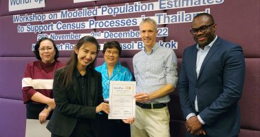 Photo of Ms Nipapan Borompichaichatkul receiving a Workshop on Modelling Population Estimates to Support Census Processes in Thailand certificate from Professor Andy Tatem