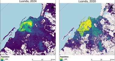 Graphic image showing comparison of population count estimates modelled from new covariates (year 2024) and population count estimates modelled from earlier covariates (year 2020) for Luanda (Angola).