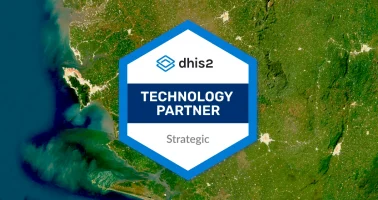 Graphic with DHIS2 Strategic Technical Partner logo superimposed on population map