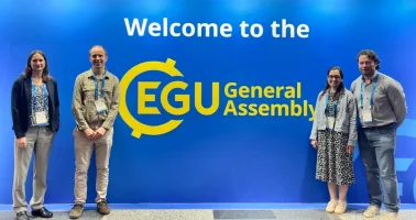 Photo of Dr Thea Woods, Dr Lawrence Hawker, Heather Chamberlain and Dr Evgeny Noi at EGU26 General Assembly