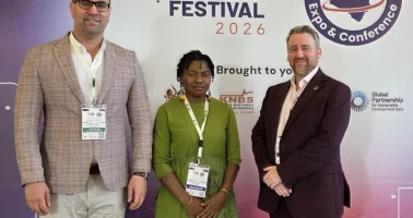 Photo of Dr Sarchil Qader, Tuli Amutenya and Ian Coady at the 2026 Global Data Festival in Nairobi.