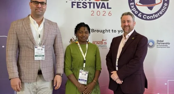 Photo of Dr Sarchil Qader, Tuli Amutenya and Ian Coady at the 2026 Global Data Festival in Nairobi.