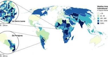 Graphic showing geographic distribution of median area sizes of subnational units in the input population data for the Global Subnational Demographic Dataset 2010–2030