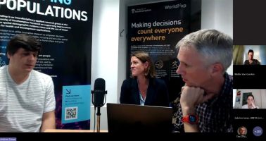 Screen capture of The Power of Population Data webinar, showing Dr Maksym Bondarenko, Dr Jessica Espey and Professor Andy Tatem