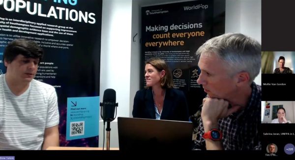 Screen capture of The Power of Population Data webinar, showing Dr Maksym Bondarenko, Dr Jessica Espey and Professor Andy Tatem