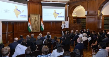 Photo of Professor Andy Tatem presenting WorldPop's work at the Indian High Commission in London. 10 July 2025.
