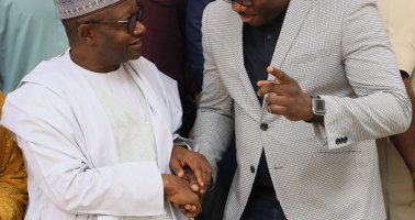 Photo of Chairman of NPC, Hon Nasir Isa Kwarra with WorldPop Senior Research Fellow, Dr Chris Nnanatu. Abuja, Nigeria, 9 February 2023.