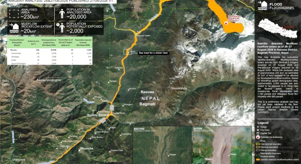 Map showing satellite detected Mudflow/ rockflow extent as of 26–27 August 2026 in Rasuwa District, Bagmati Province, Nepal.