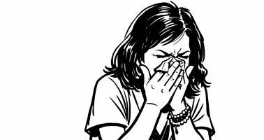 Black and white cartoon of a woman sneezing