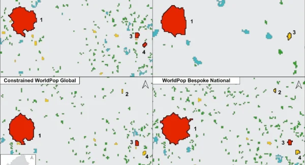 Schematic maps showing the spatial entities around Ouagadougou, Burkina Faso identified by the four population datasets