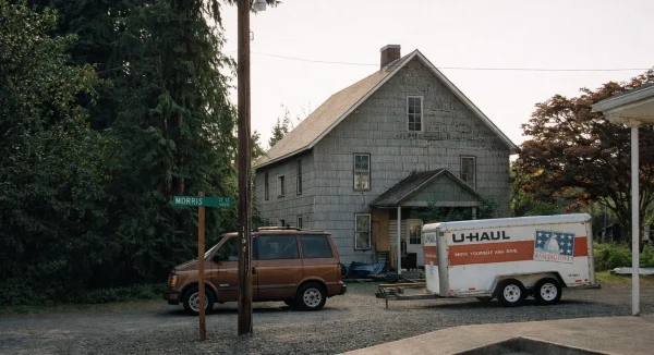 Photo of u-haul trailer parked outside a rural cottage