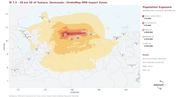 Impact map of Venezuela earthquake 24-06-2026