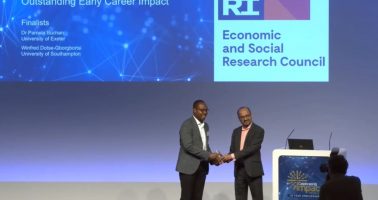 Winfre Dotse-Gborgbortsi receiving runner-up prize at the ESRC Celebrating Impact Prize 2022 ceremony