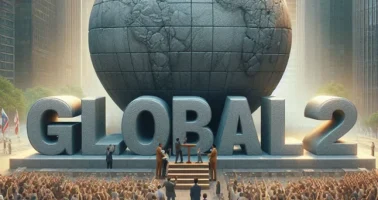 AI art image of globe on a stage with 'Global 2' sign watched by a large audience