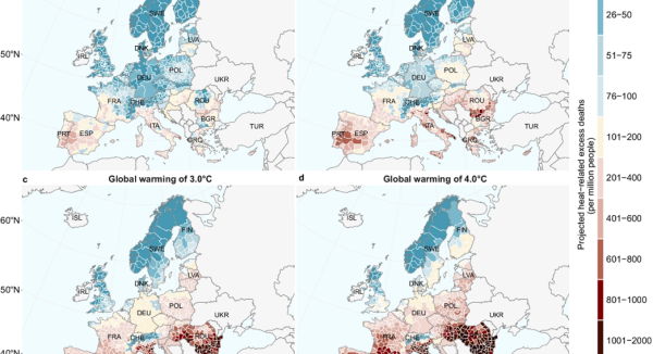 Maps of Europe showing heat-related excess mortality projected annual average heat-related excess deaths per million population at a 1.5 °C, b 2.0 °C, c 3.0 °C, and (d) 4.0 °C.