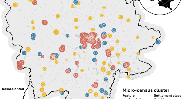Map showing building and population counts observed in the 213 micro-census clusters located within the modelling environment categorised by settlement class