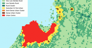 Animation showing level 2 degree of urbanisation around Kinshasa, 2015-30