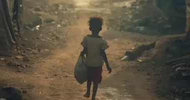 Photorealistic image of a child in a refugee camp